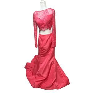 Sherri Hill Long Sleeve Lace Crop Top Full Length Mermaid Train Skirt Pink 10